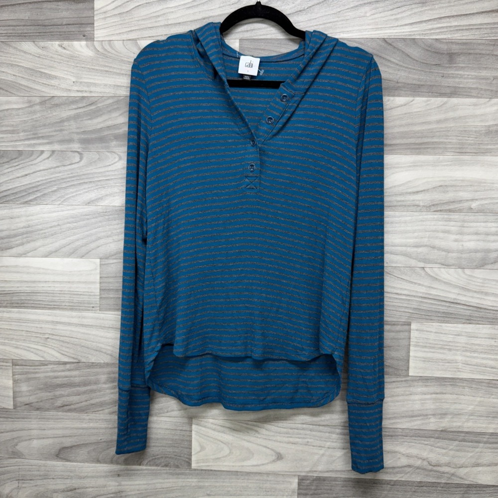 CAbi 4191 Riff Hoodie Women S Blue Striped Thumbhole Sleeve Stretch Button-Front